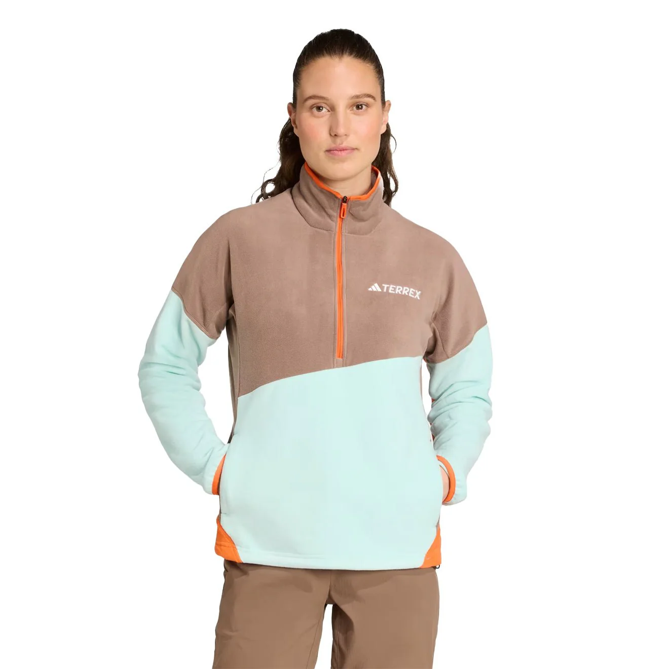 Adidas Terrex Womens MT Fleece Anorak Trace Brown / Semi Flash Aqua / Semi Impact Orange - Image 2
