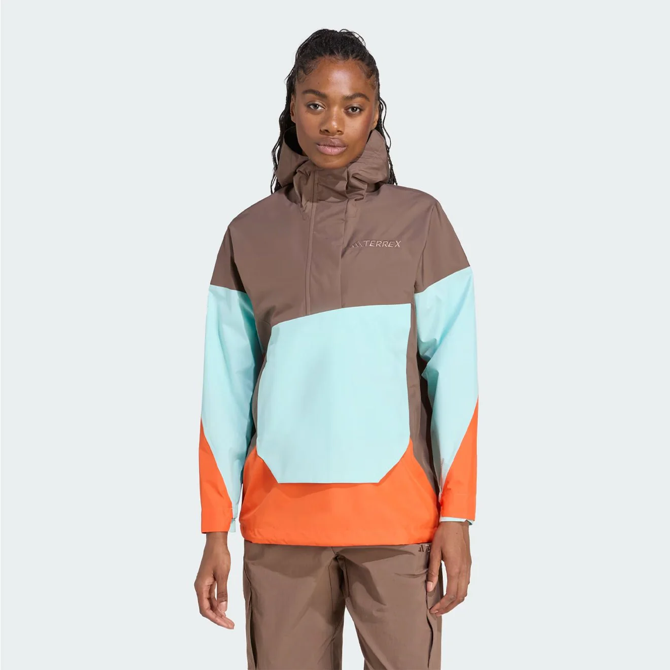 Adidas Terrex Womens Xploric 2.5L Climaproof Anorak Earth Strata / Semi Flash Aqua / Semi Impact Orange - Image 2
