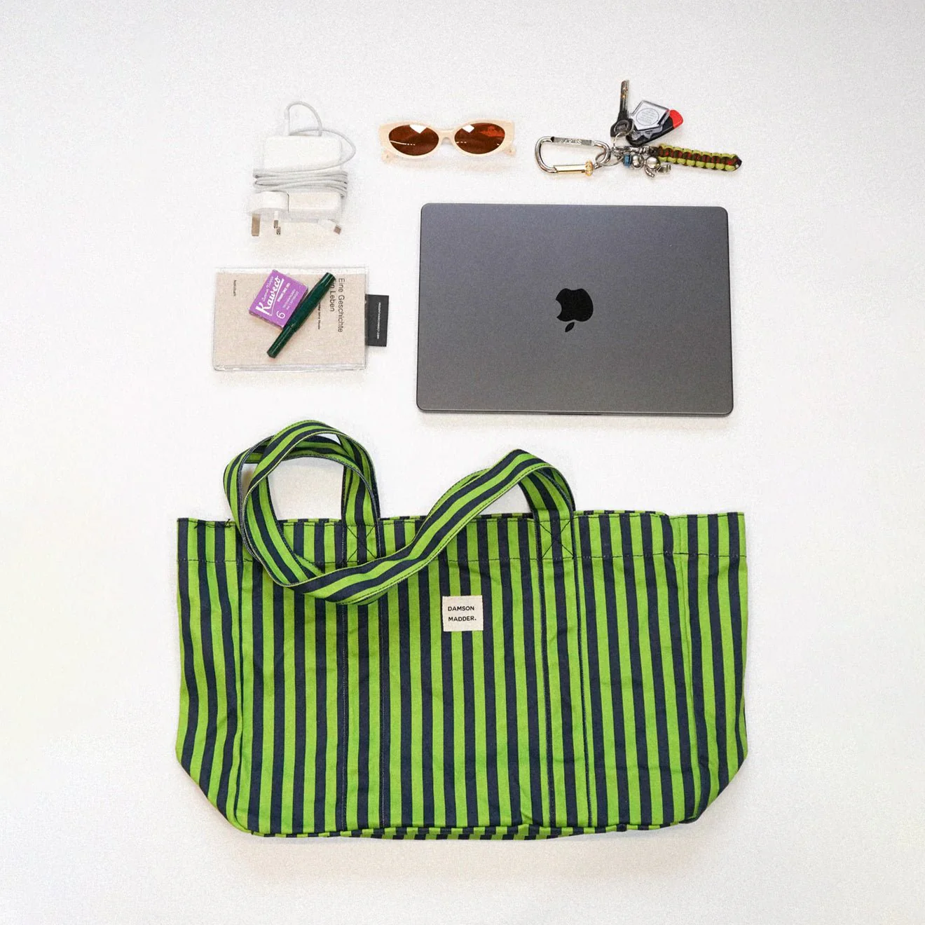 Damson Madder Canvas Tote Navy Lime Stripe - Image 4