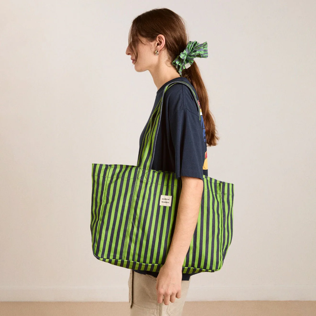 Damson Madder Canvas Tote Navy Lime Stripe - Image 5