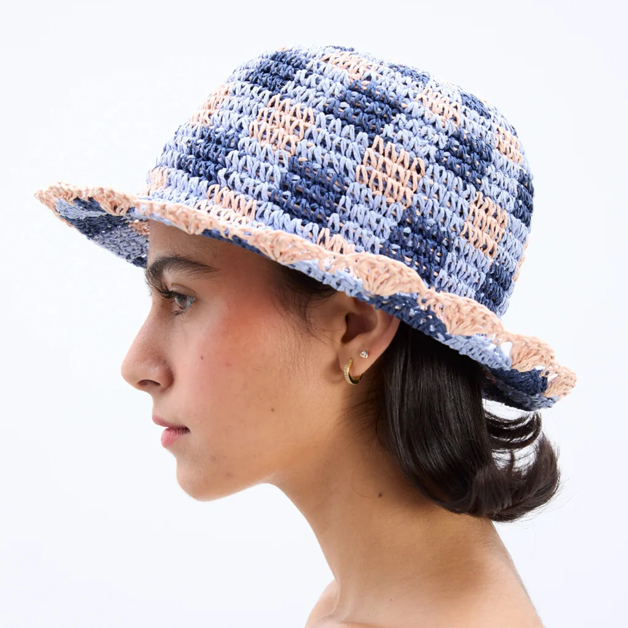 Damson Madder Gingham Straw Bucket Hat Navy & Pale Pink - Image 3