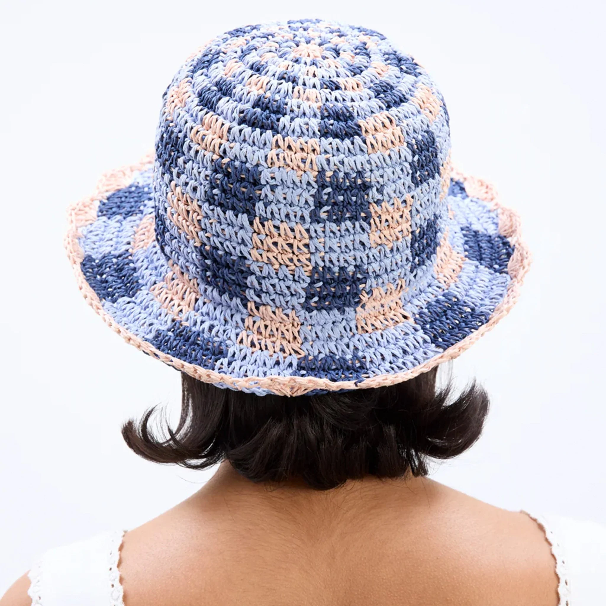 Damson Madder Gingham Straw Bucket Hat Navy & Pale Pink - Image 4