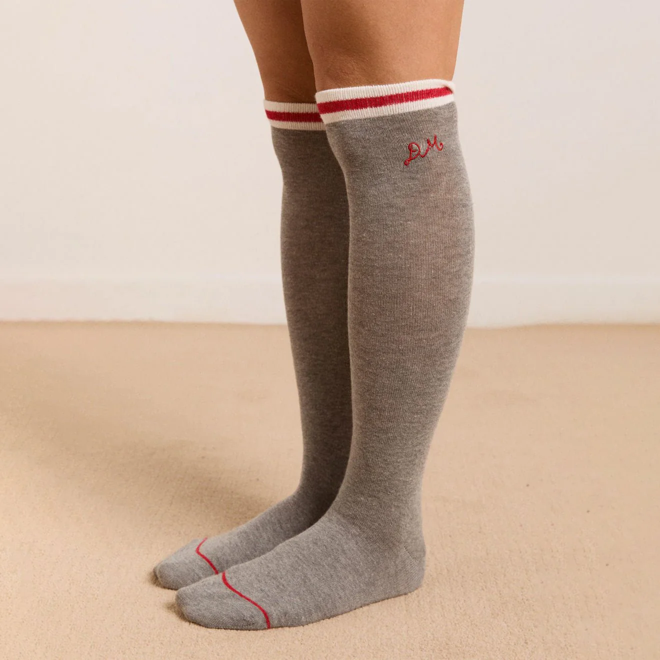 Damson Madder High Knee Socks Grey Marl With Red Stripe - Image 4