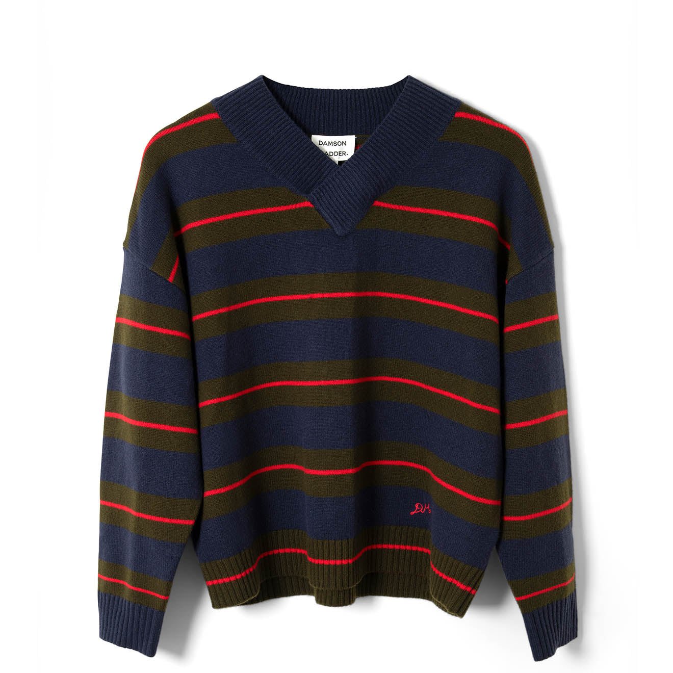 Damson Madder Odette V Neck Jumper Olive / Navy Stripe