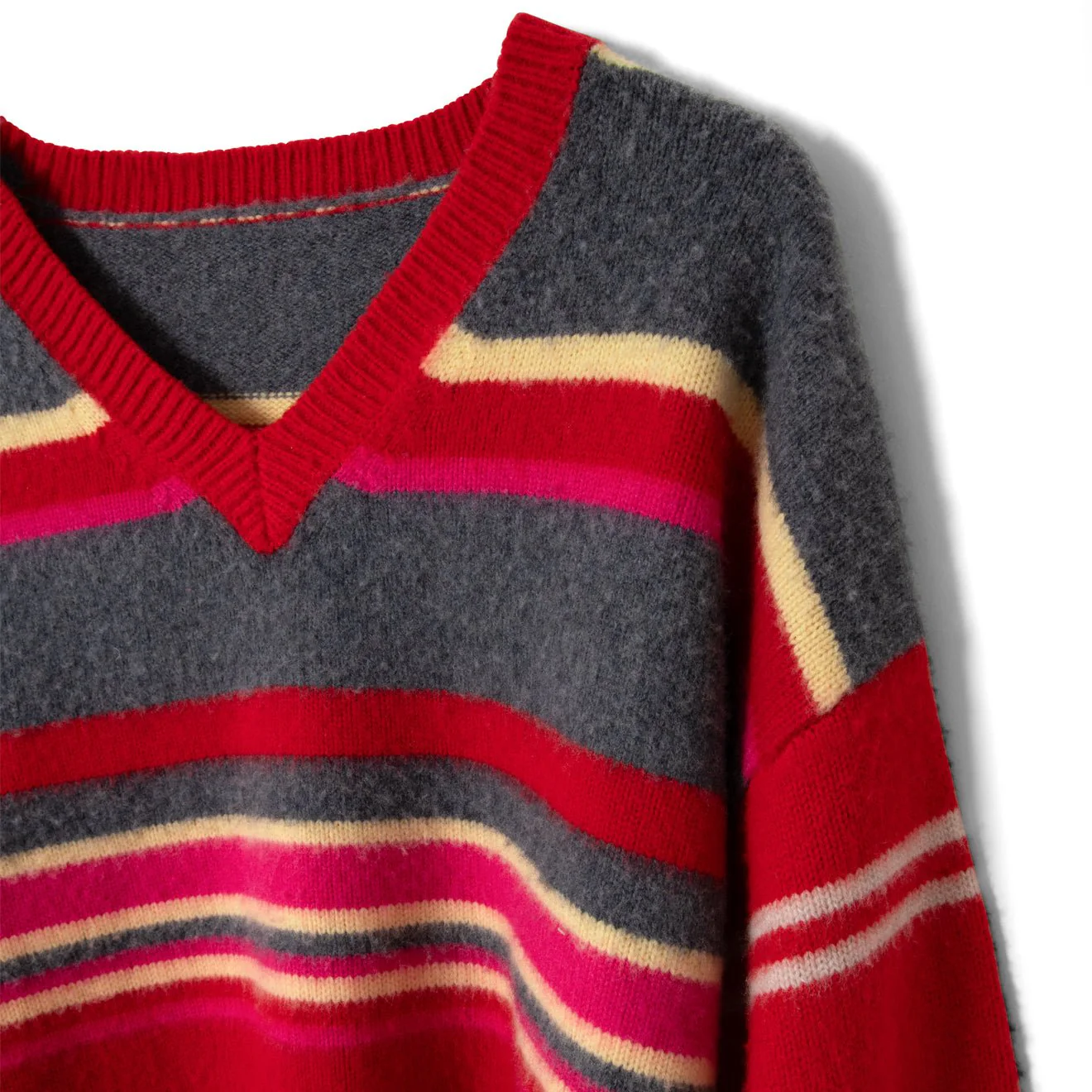Damson Madder Rene Merino Wool V Jumper Pink / Red Stripe - Image 3