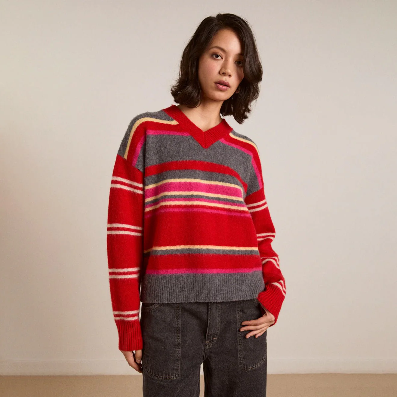 Damson Madder Rene Merino Wool V Jumper Pink / Red Stripe - Image 4
