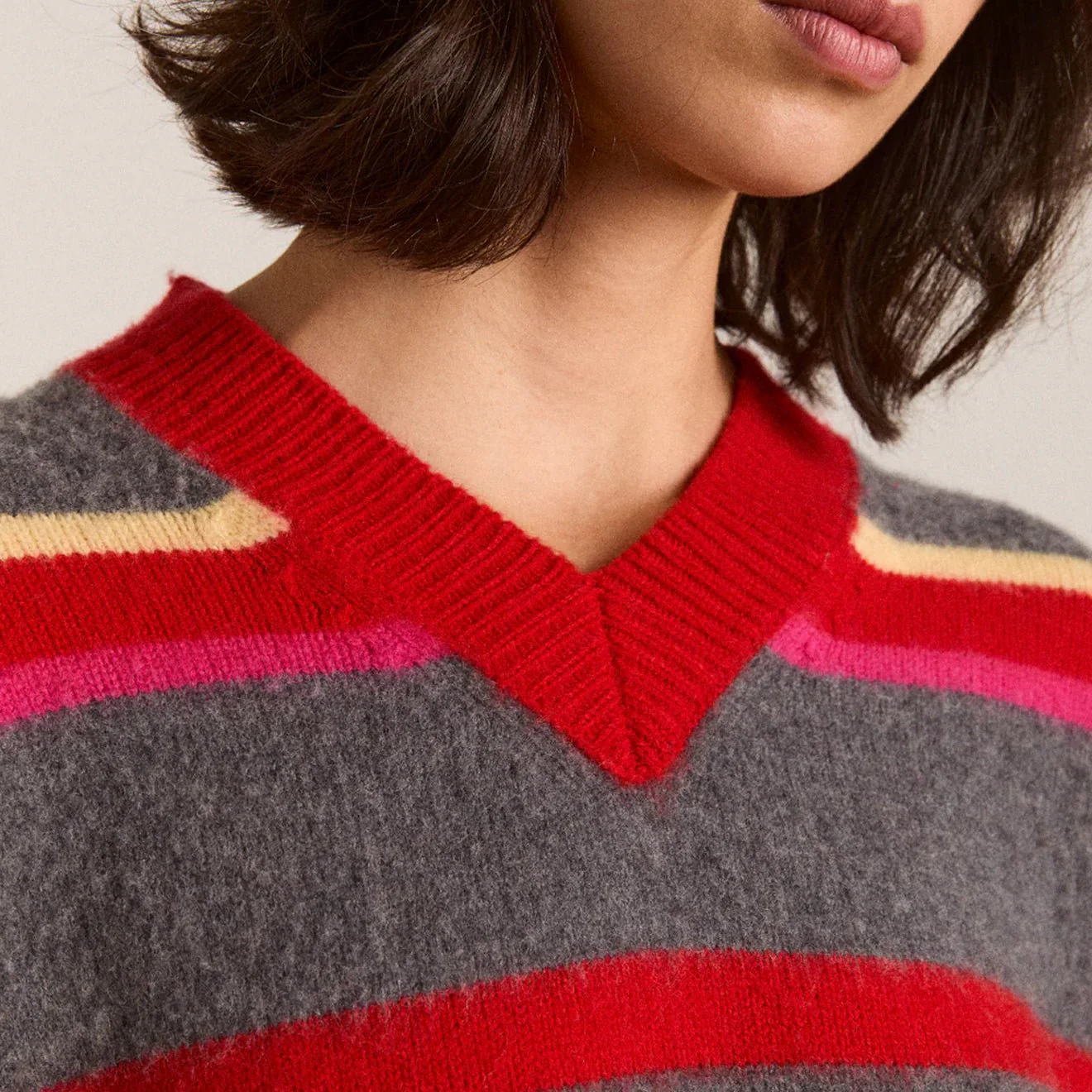 Damson Madder Rene Merino Wool V Jumper Pink / Red Stripe - Image 5