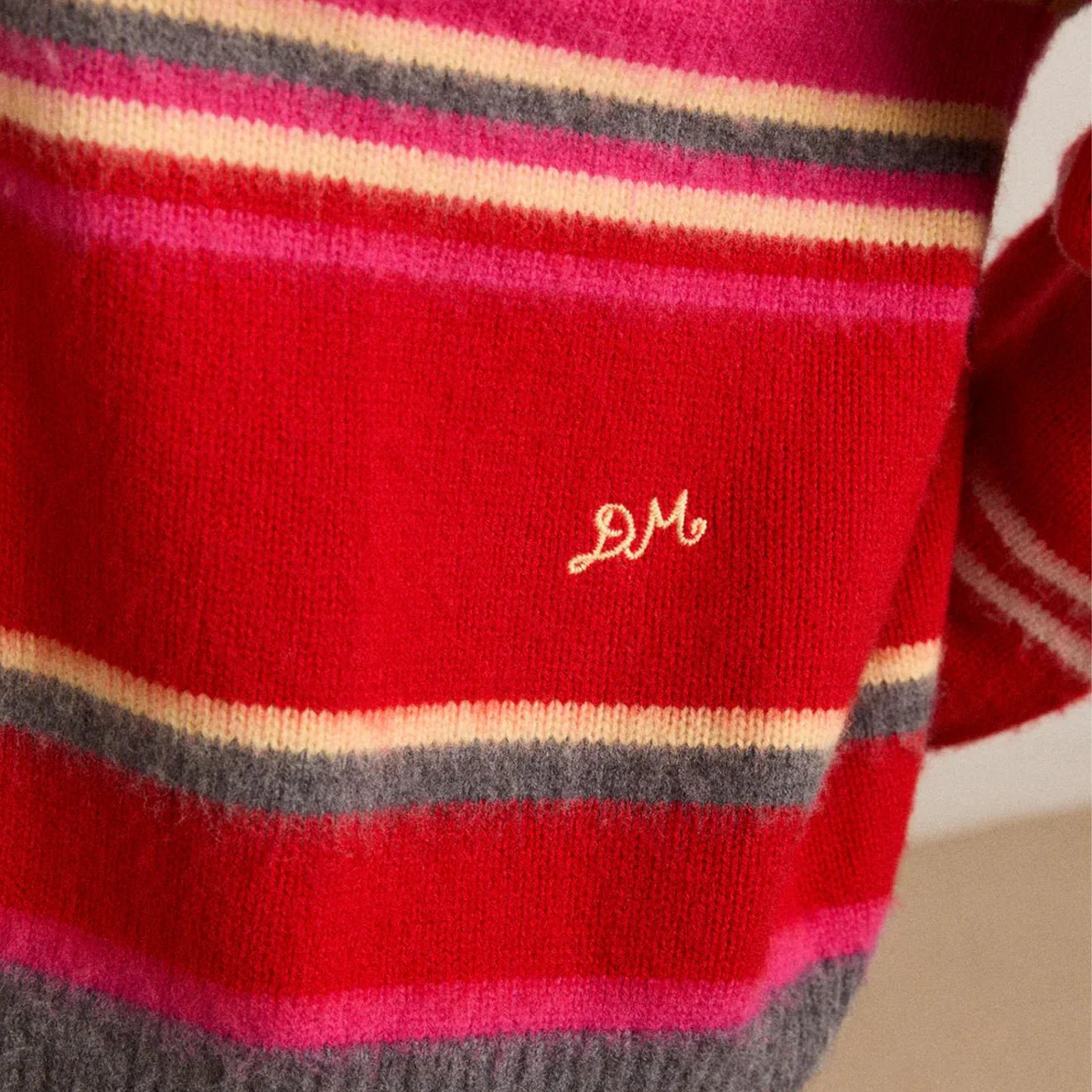 Damson Madder Rene Merino Wool V Jumper Pink / Red Stripe - Image 6