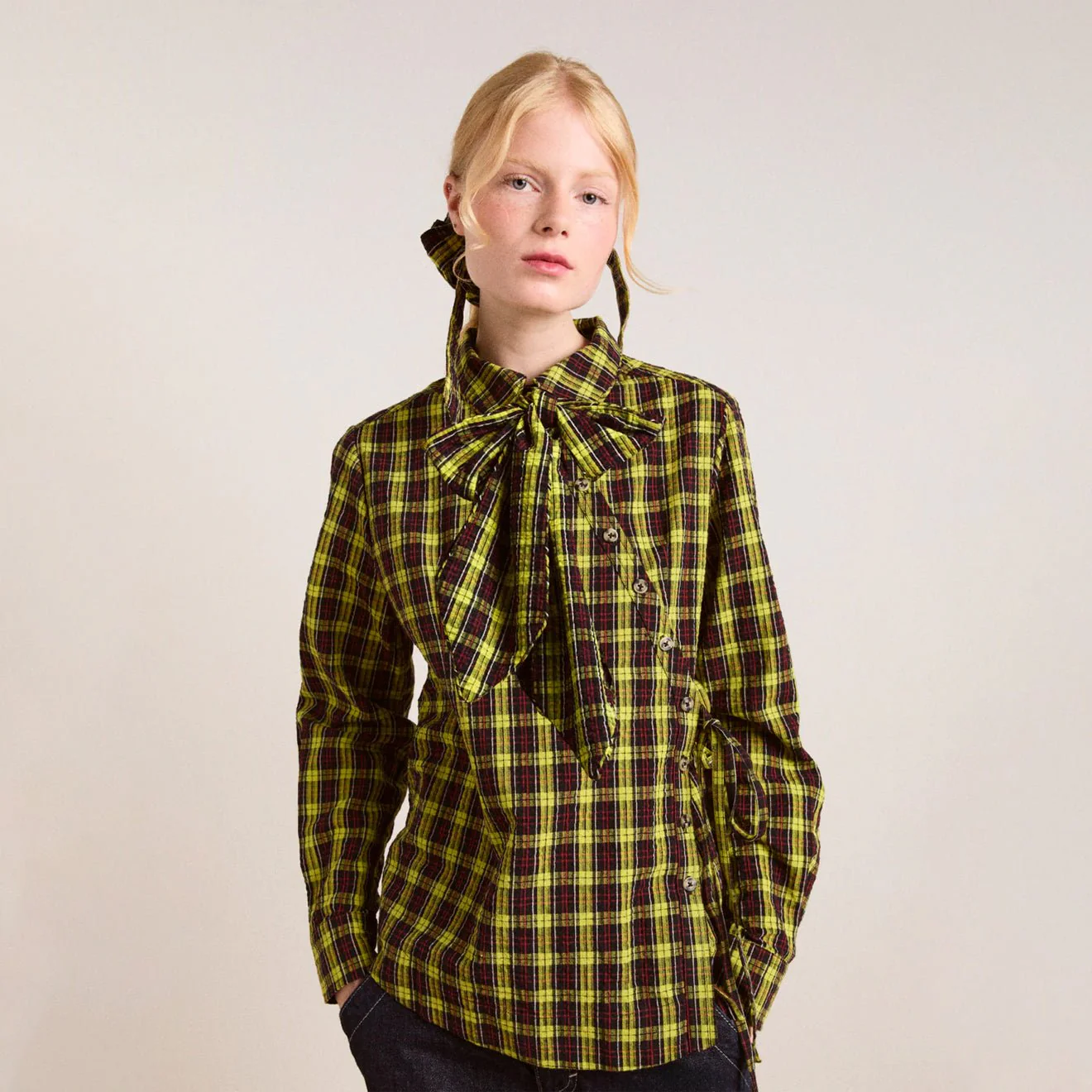 Damson Madder Robyn Shirt With Removable Tie Yellow Check - Image 4