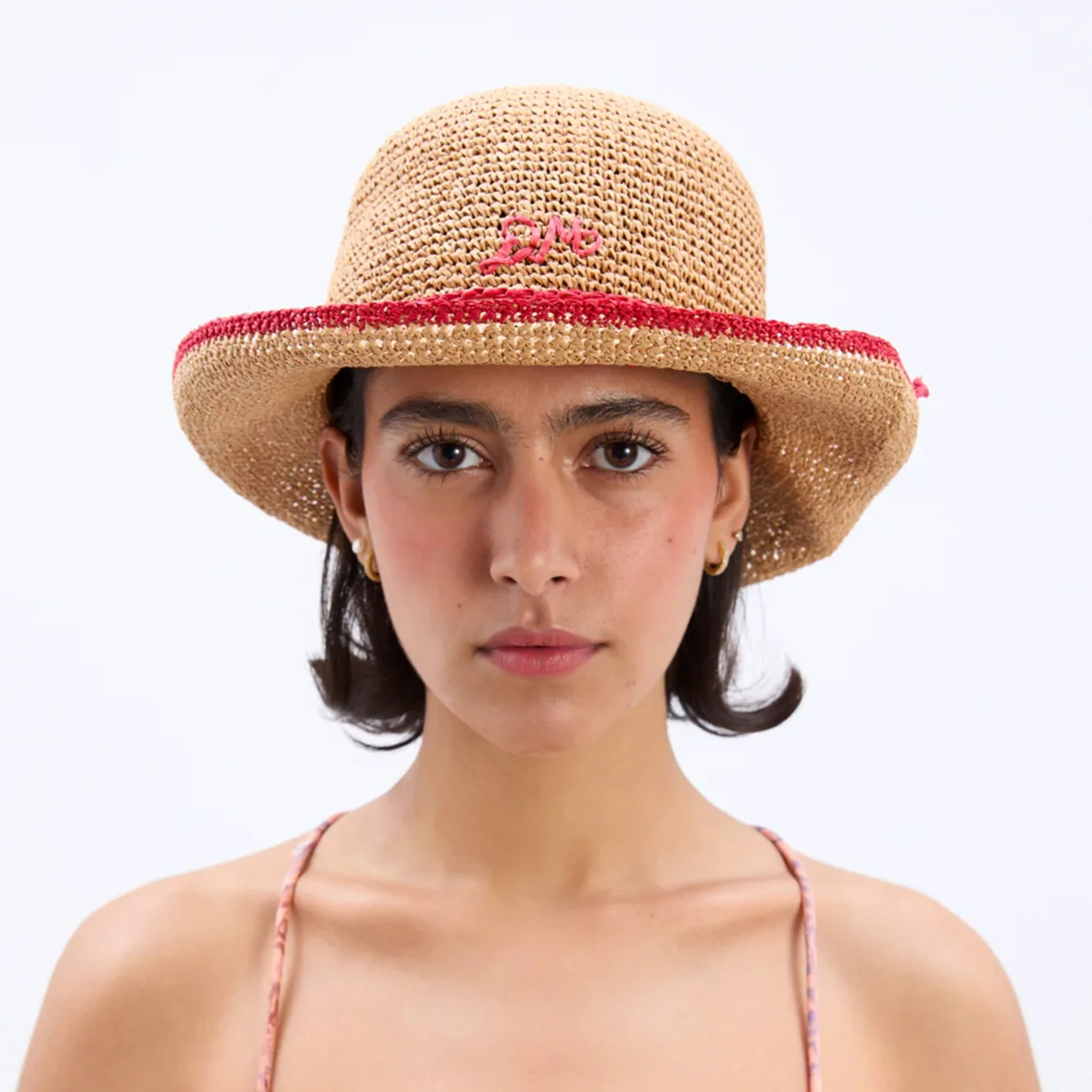 Damson Madder Roll Back Raffia Hat With Red Bow Detail Brown - Image 2