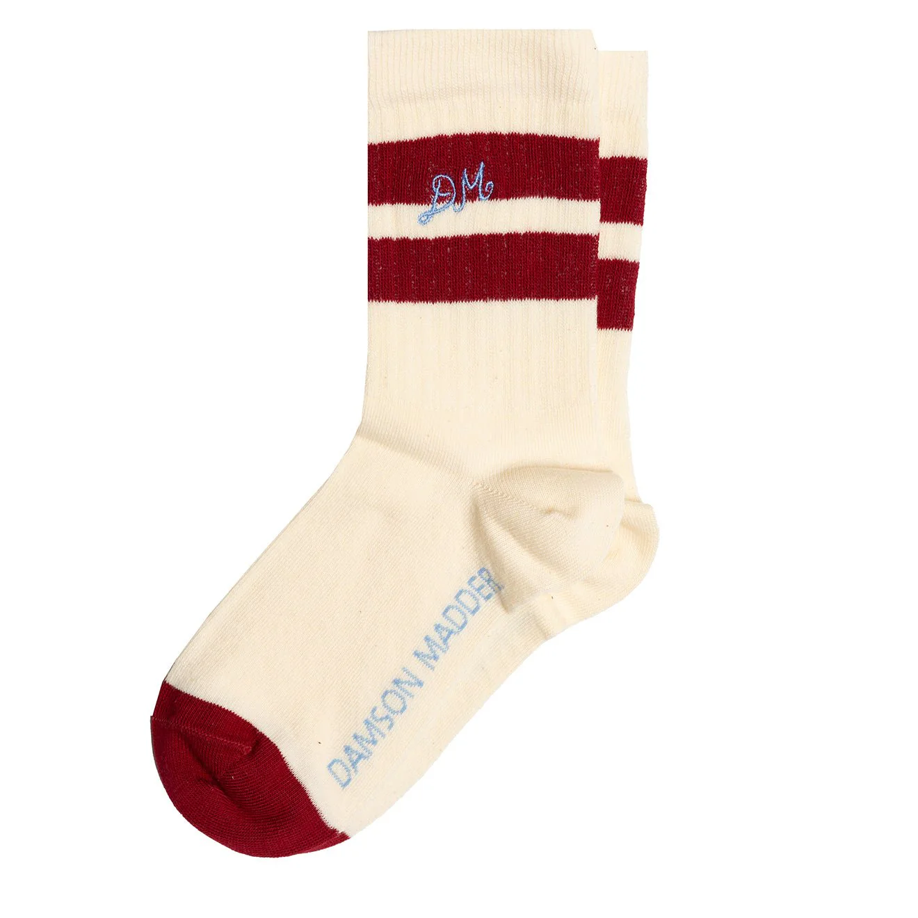 Damson Madder Sporty Calf Length Socks Cream With Red Stripe