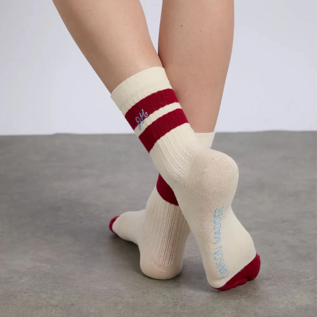 Damson Madder Sporty Calf Length Socks Cream With Red Stripe - Image 3