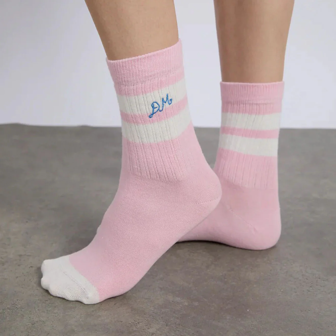 Damson Madder Sporty Calf Length Socks Pink With Ecru Stripe - Image 2