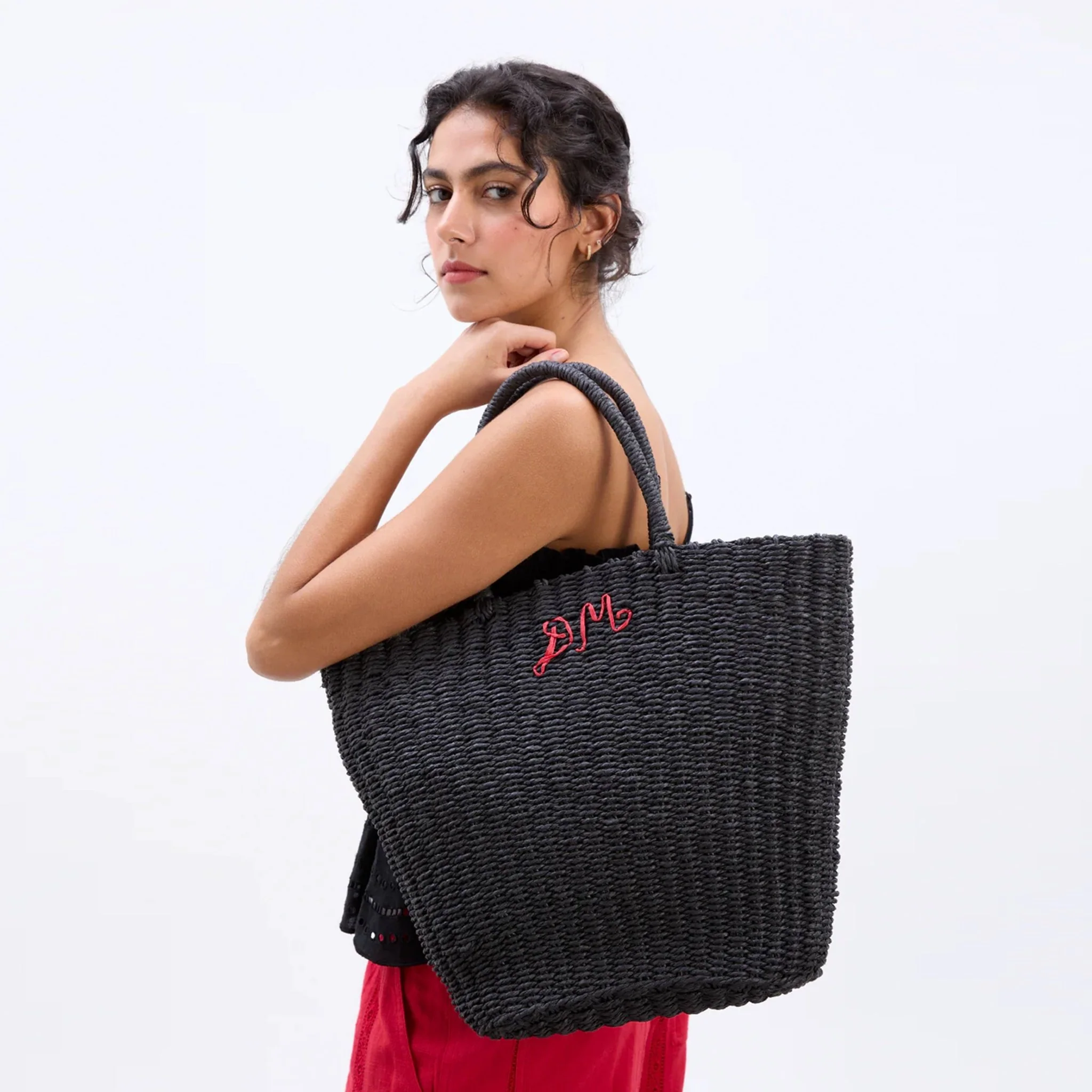 Damson Madder Straw Market Bag With Logo Black - Image 2