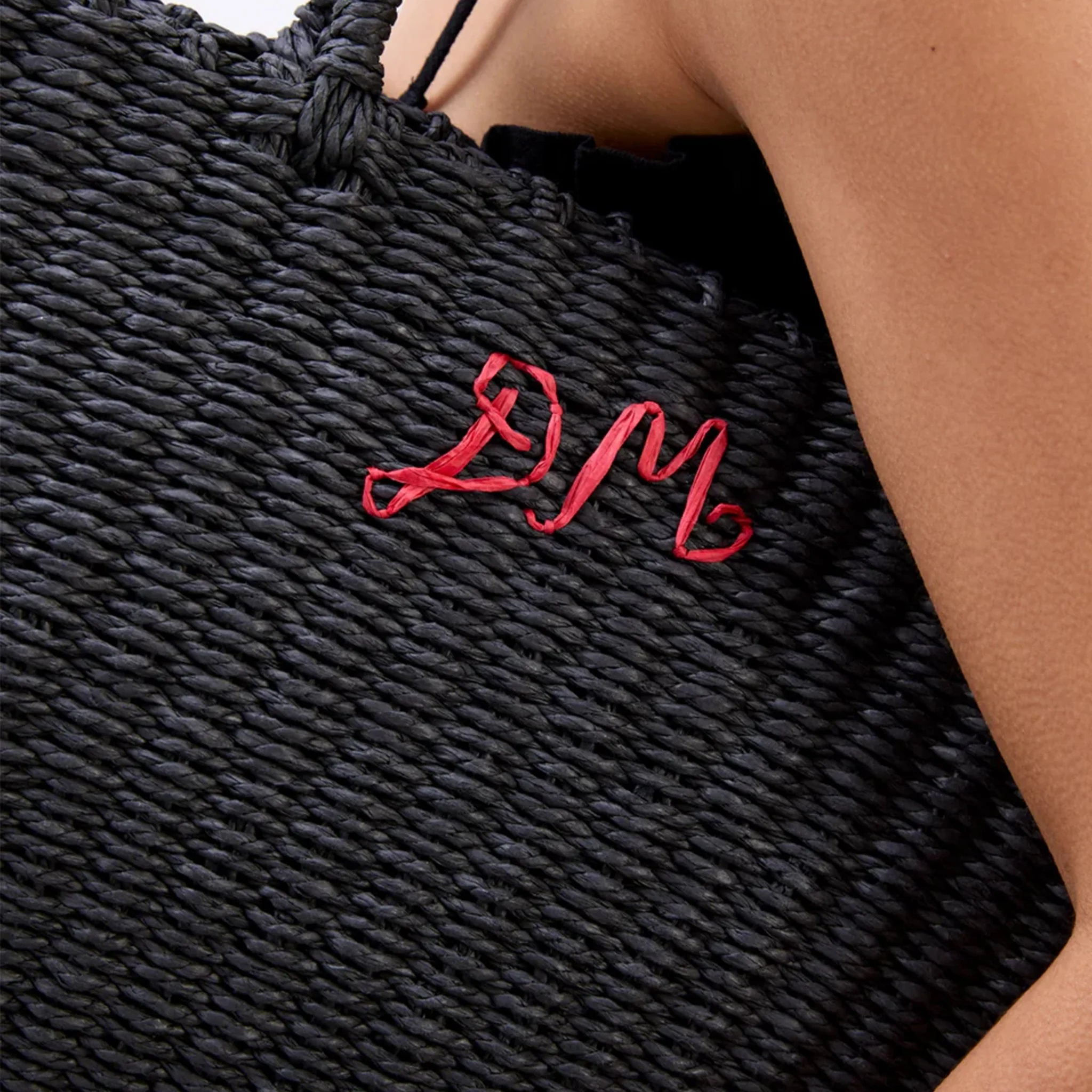 Damson Madder Straw Market Bag With Logo Black - Image 3