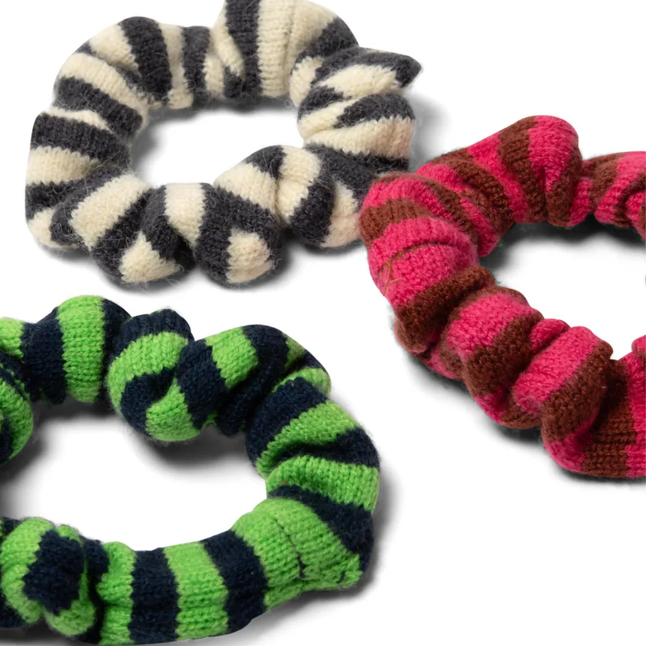 Damson Madder Stripe Knitted Scrunchies 3 Pack Red Green Cream - Image 2
