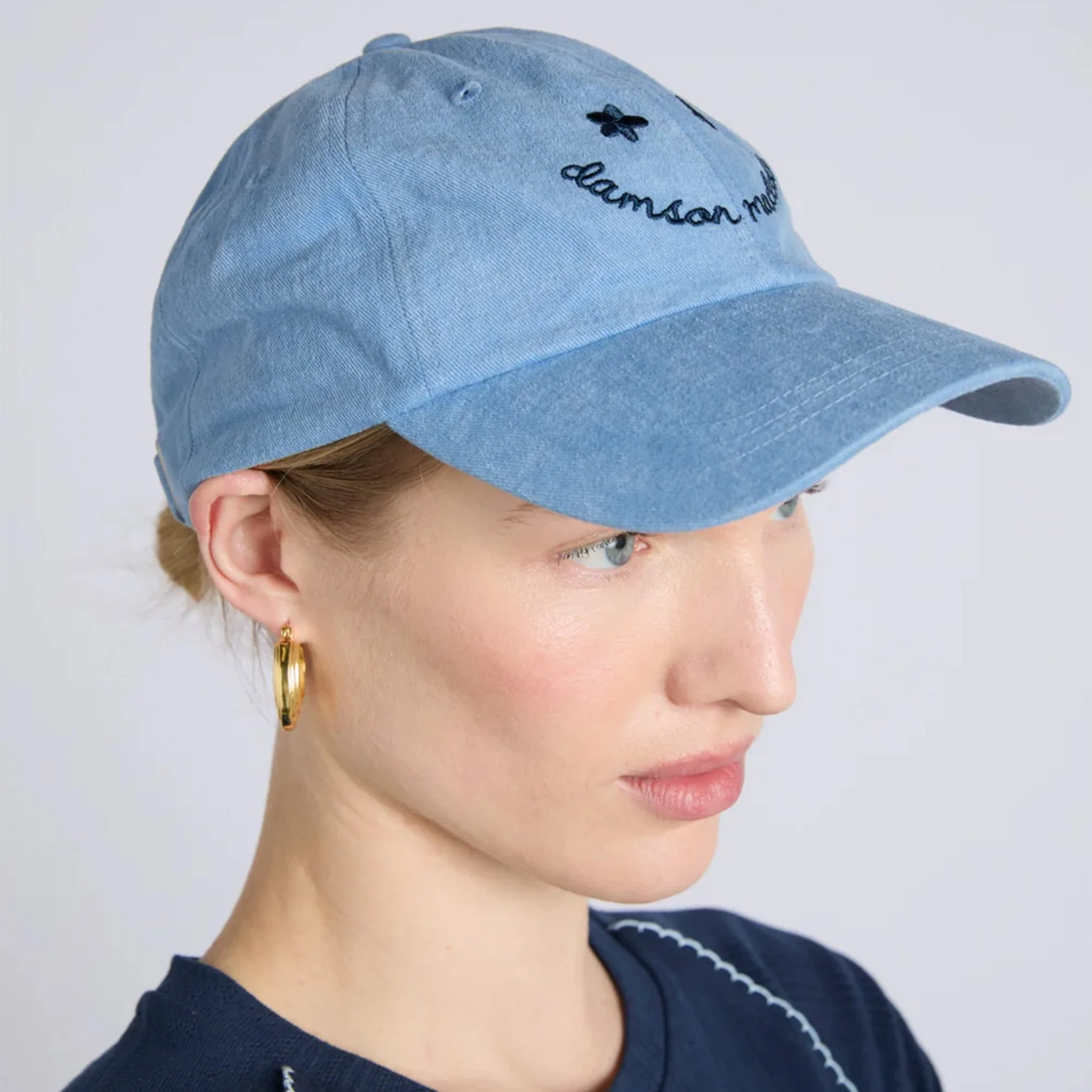 Damson Madder Washed Smiley Cap Blue With Navy Embroidery - Image 2