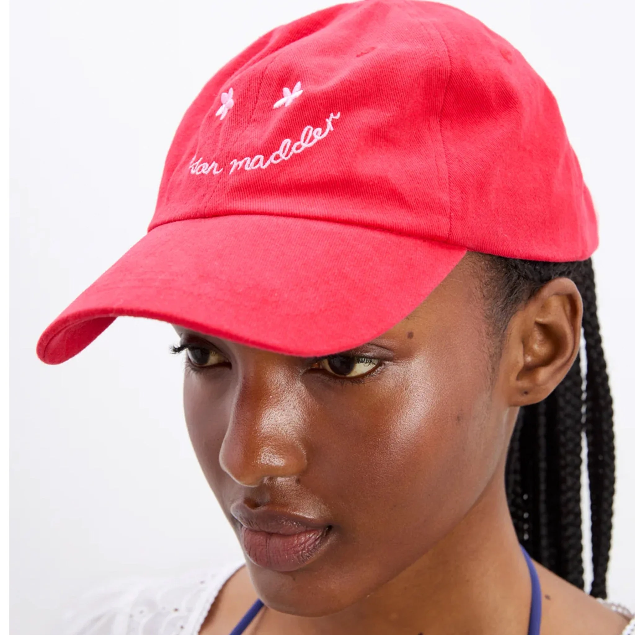 Damson Madder Washed Smiley Cap Red With Pink Embroidery - Image 2