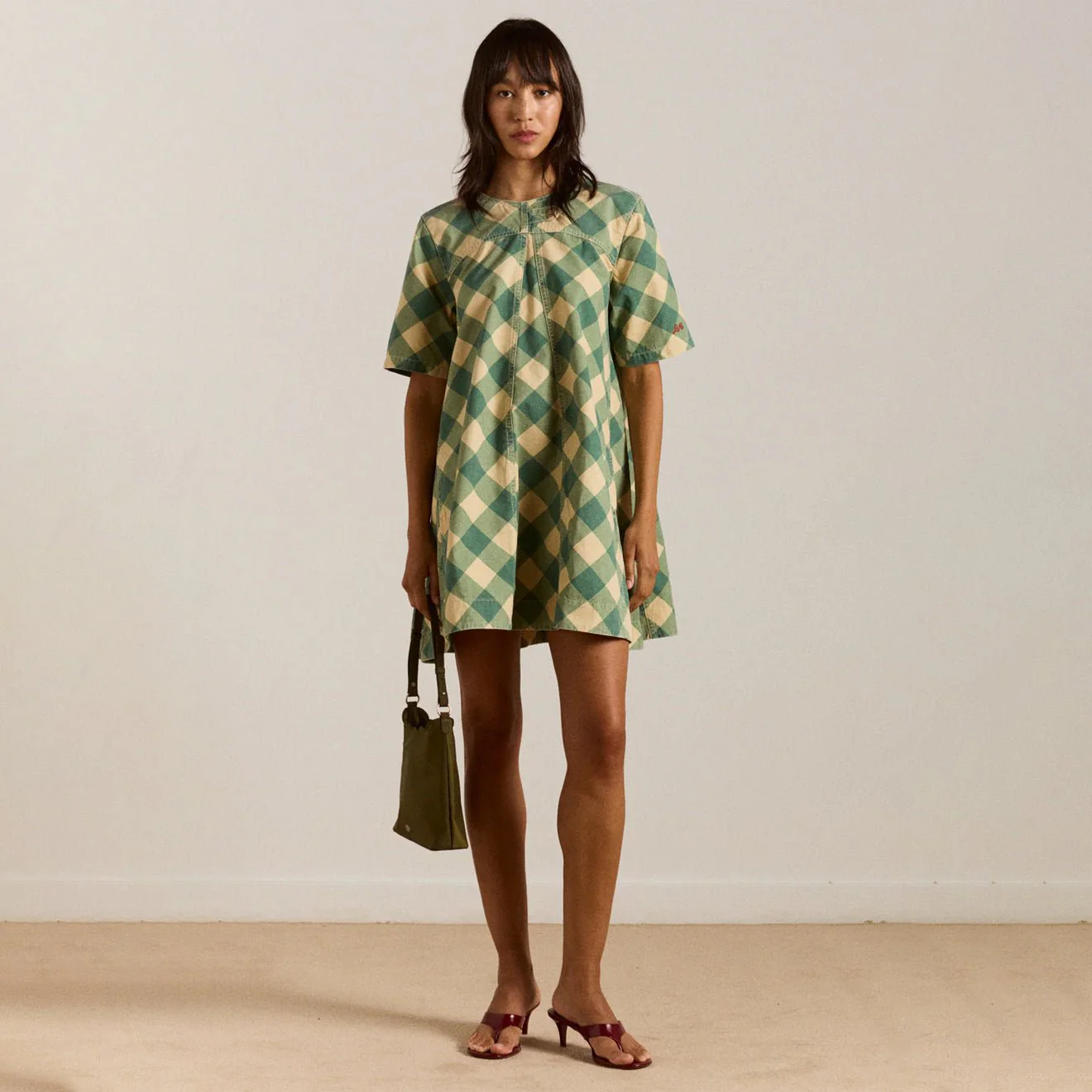 Damson Madder Womens Bridget Mini Dress Green Butter Gingham - Image 4