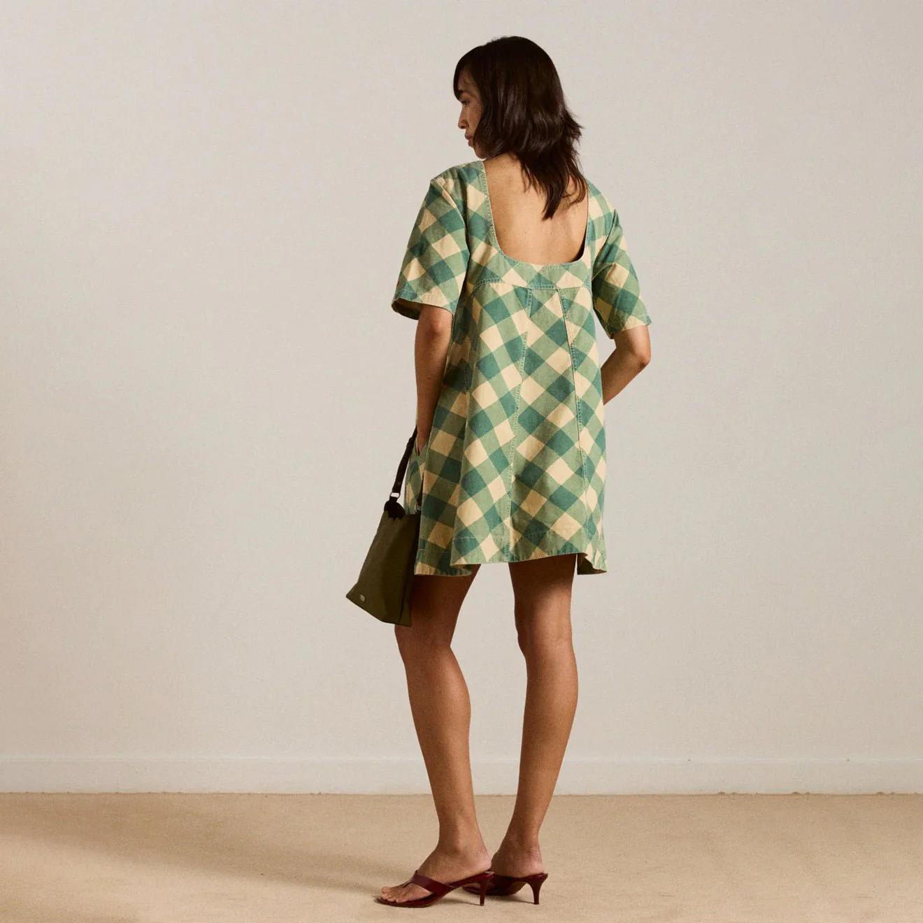 Damson Madder Womens Bridget Mini Dress Green Butter Gingham - Image 5