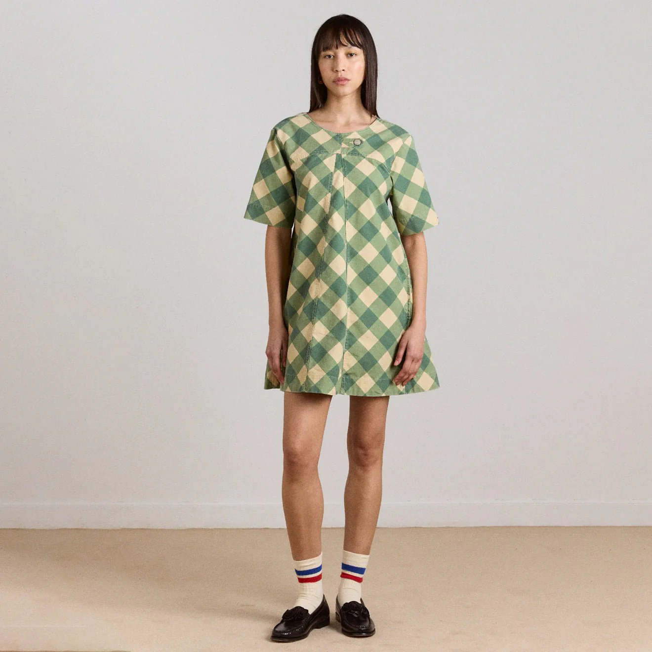 Damson Madder Womens Bridget Mini Dress Green Butter Gingham - Image 6