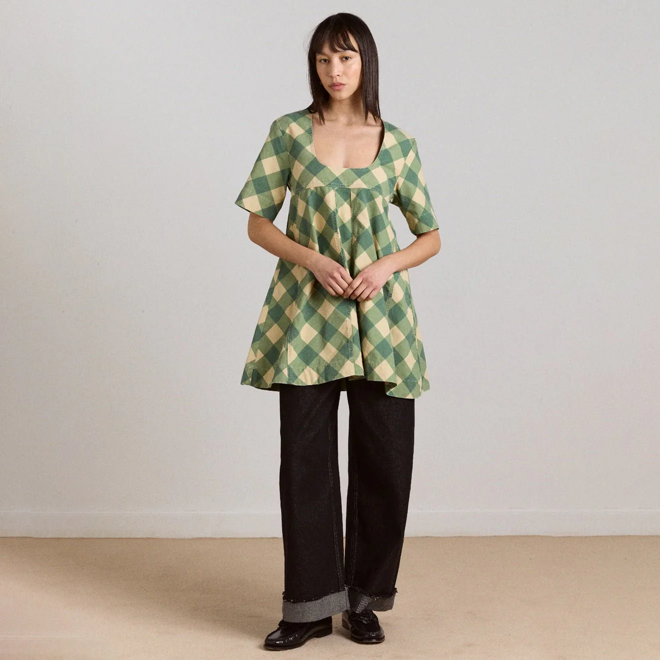 Damson Madder Womens Bridget Mini Dress Green Butter Gingham - Image 7