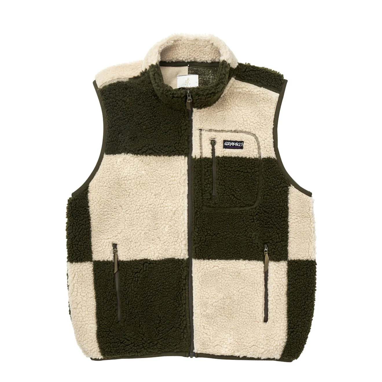 Gramicci Womens Checkered Sherpa Vest Natural / Olive Check