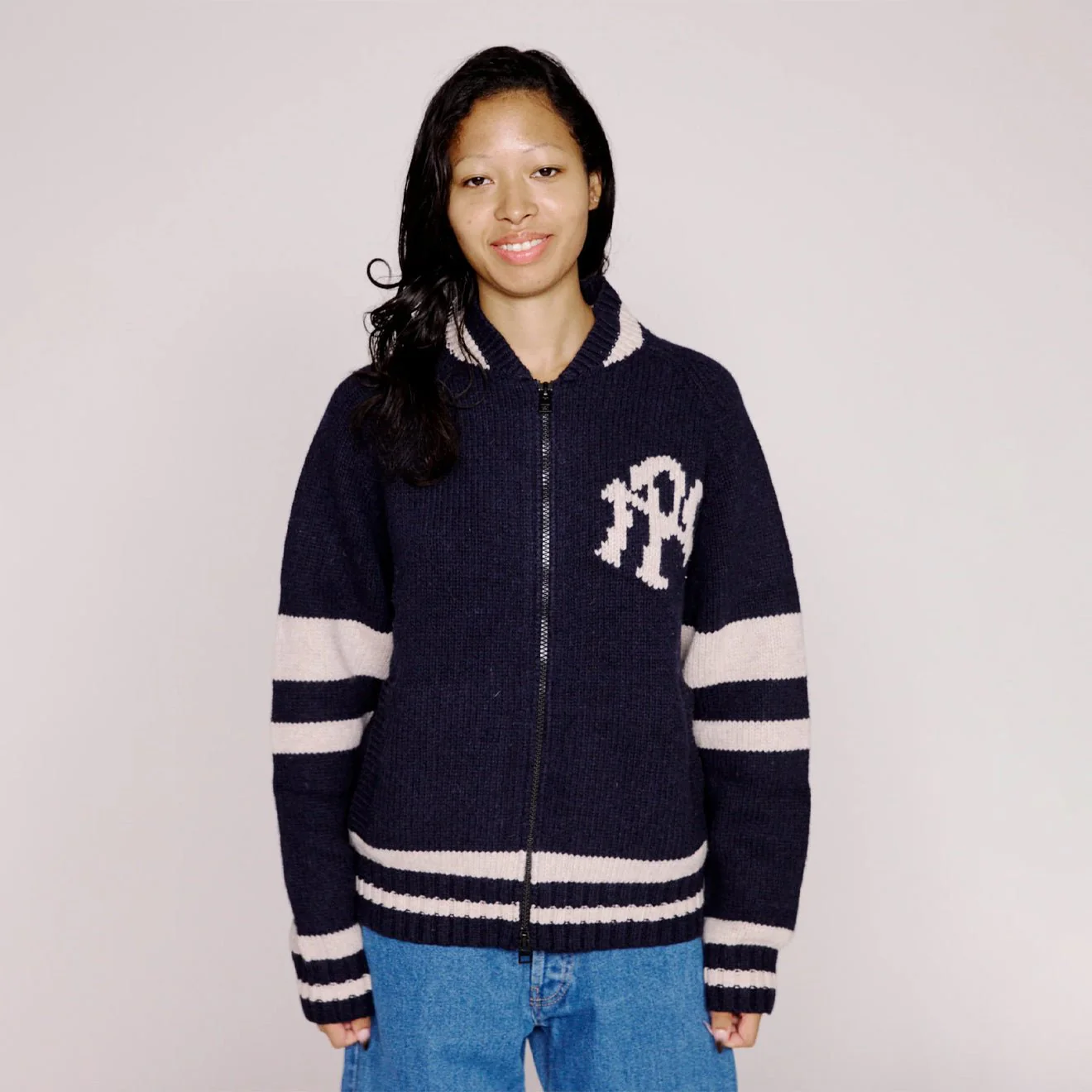No Problemo NYP Varsity Zip Thru Knit Navy - Image 3