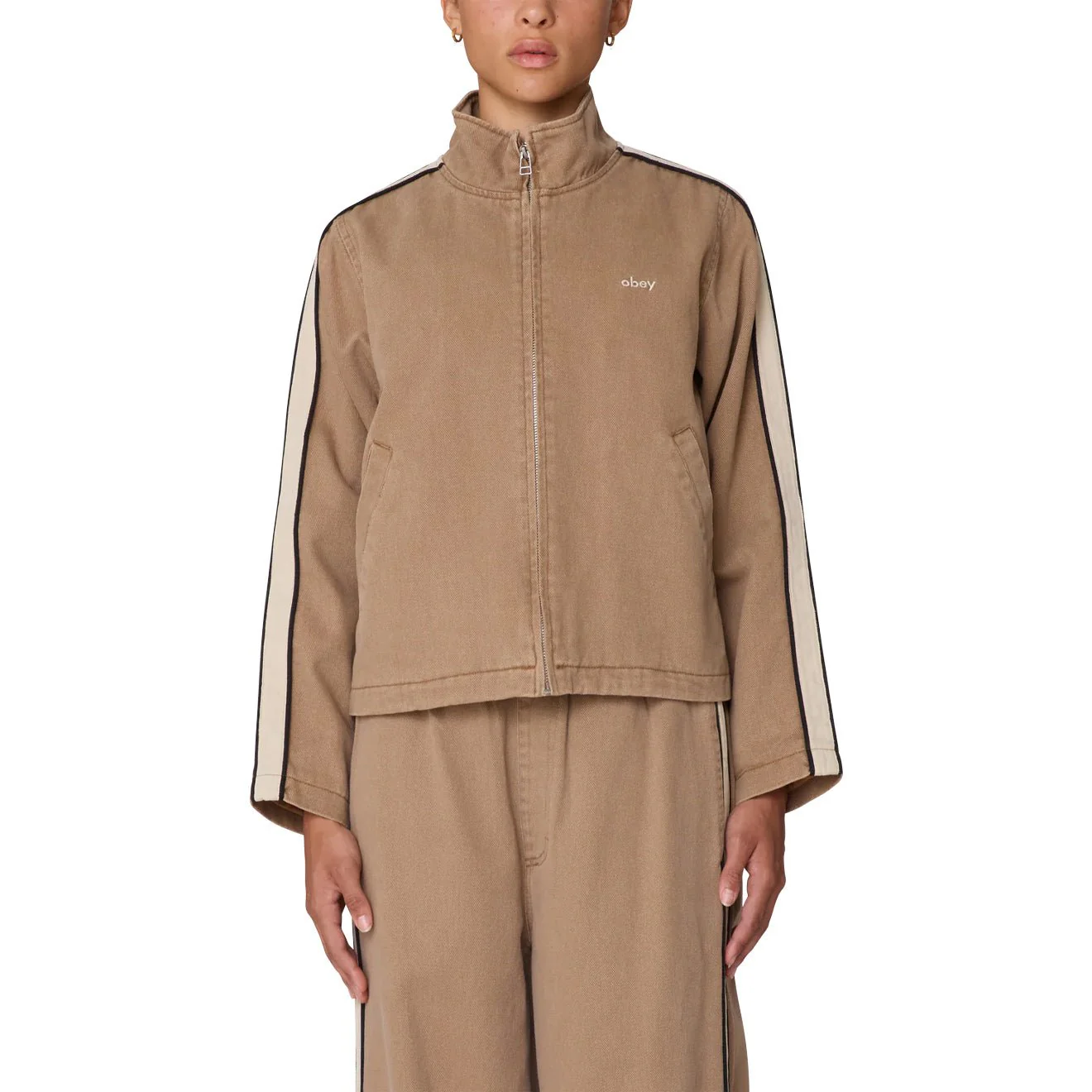 Obey Womens Astrid Stripe Jacket Tan Faded Wash - Image 3