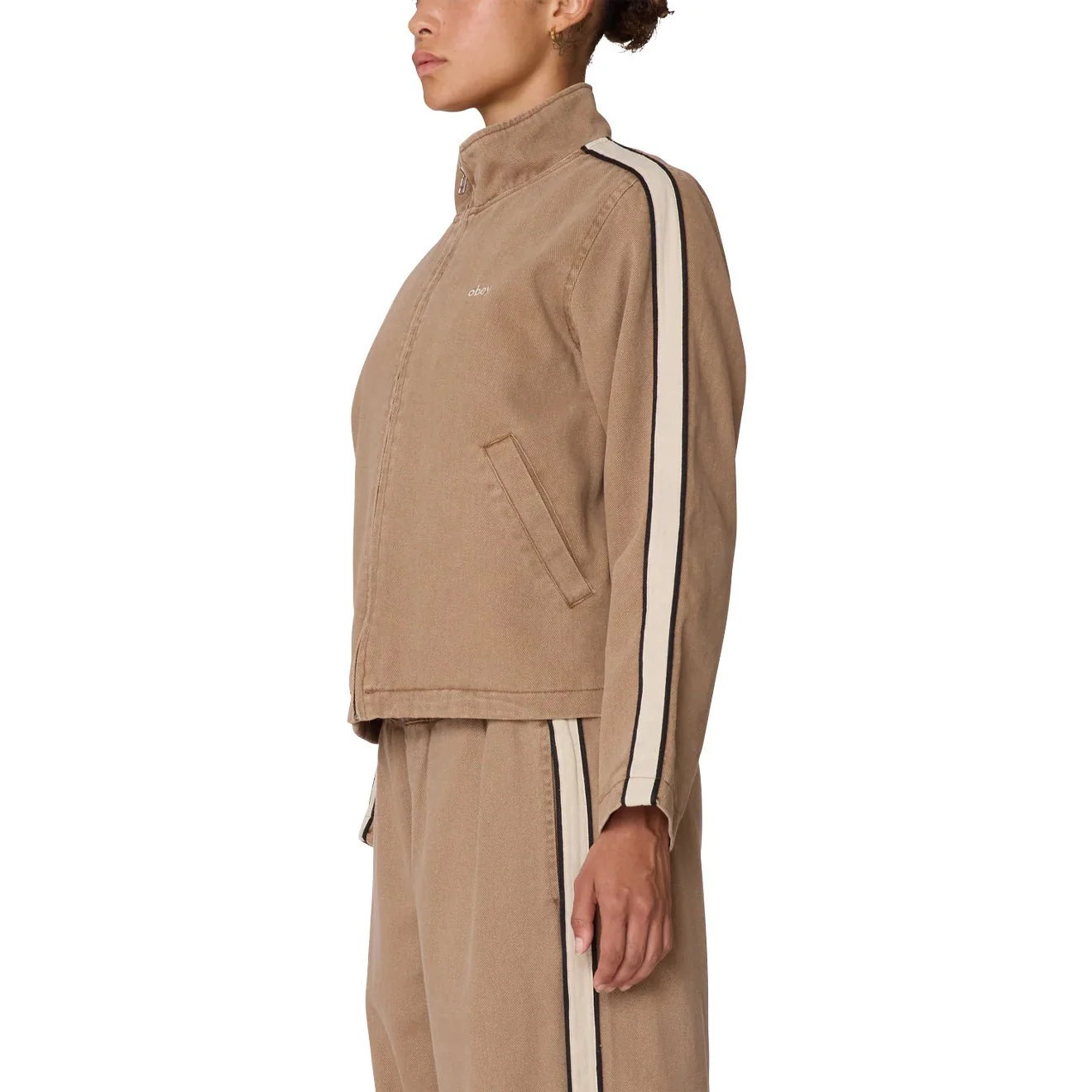 Obey Womens Astrid Stripe Jacket Tan Faded Wash - Image 4