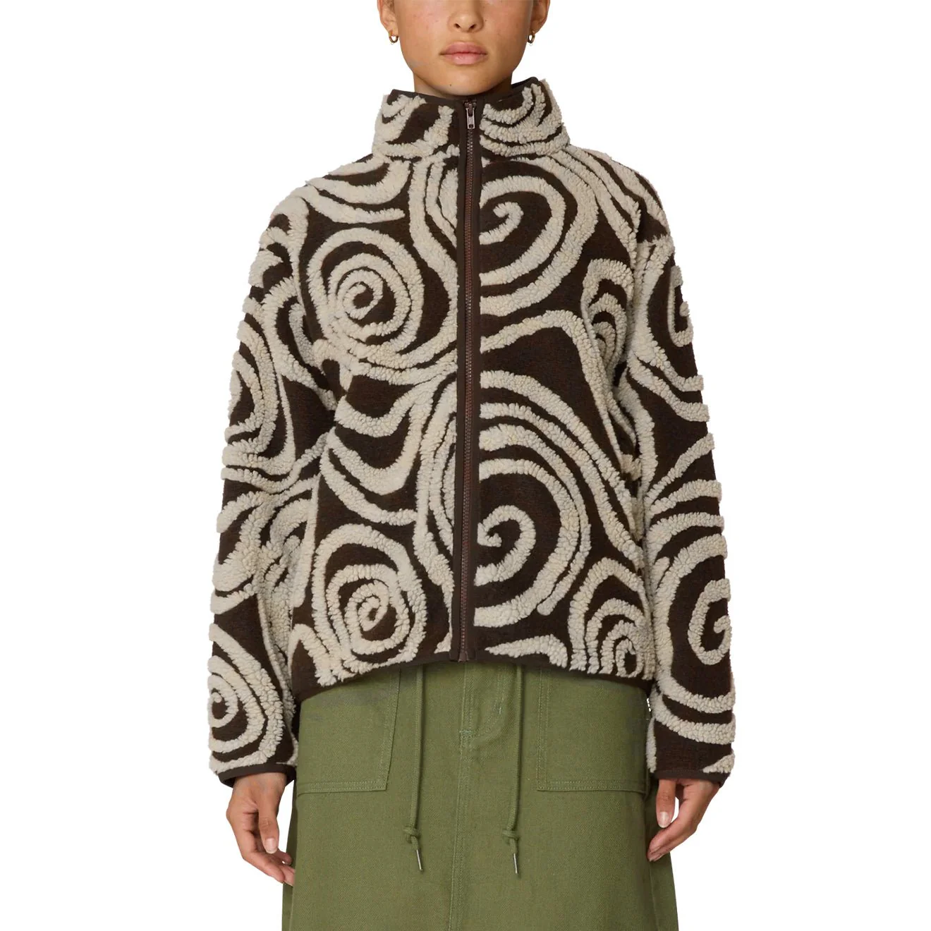 Obey Womens Swirls Jacquard Zip Jacket Brown Multi - Image 3
