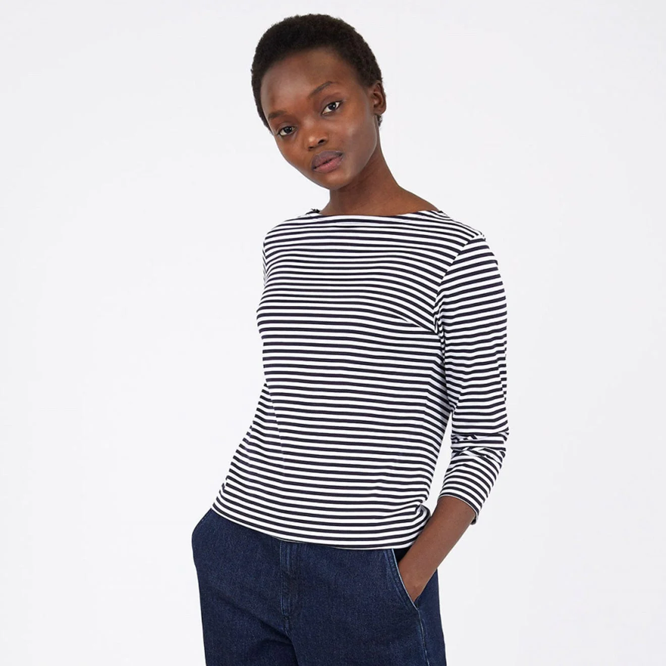Sunspel 3/4 Sleeve Boat Neck T-Shirt White / Navy Stripe - Image 2