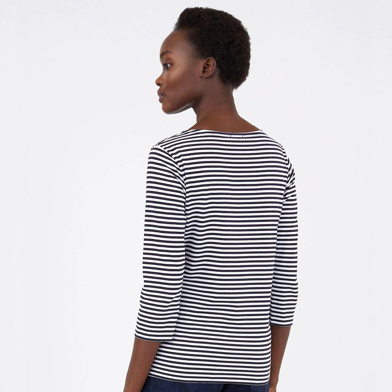 Sunspel 3/4 Sleeve Boat Neck T-Shirt White / Navy Stripe - Image 3