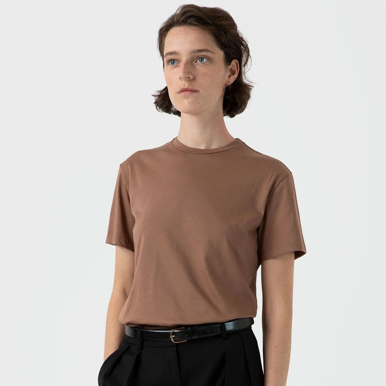 Sunspel Womens Boy Fit Crew Neck T-Shirt Dark Sand - Image 2