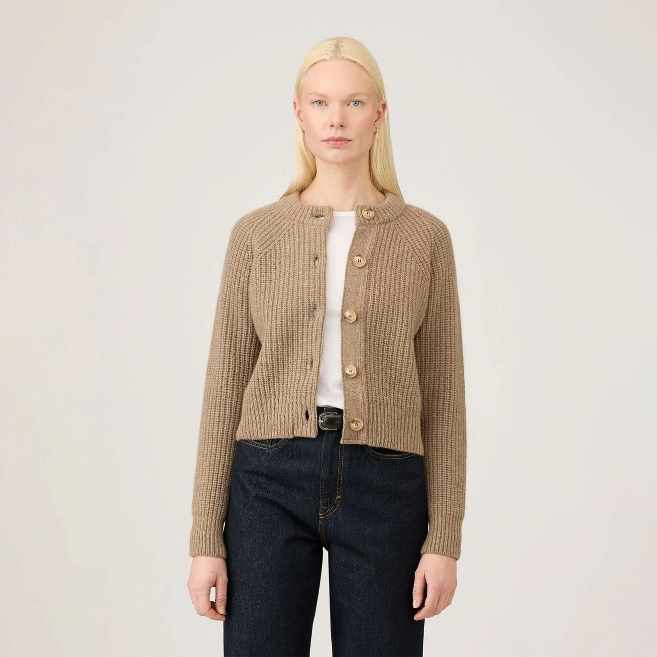 Sunspel Womens Ribbed Crew Neck Cardigan Mink - Image 4