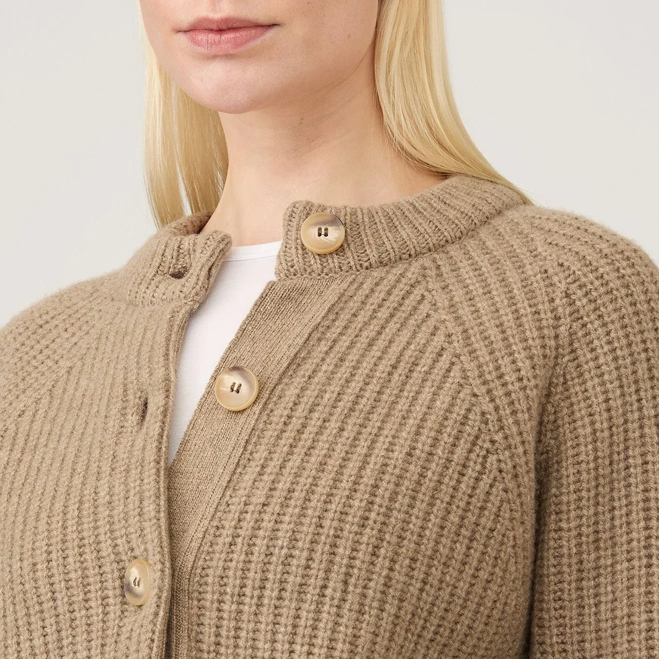 Sunspel Womens Ribbed Crew Neck Cardigan Mink - Image 6