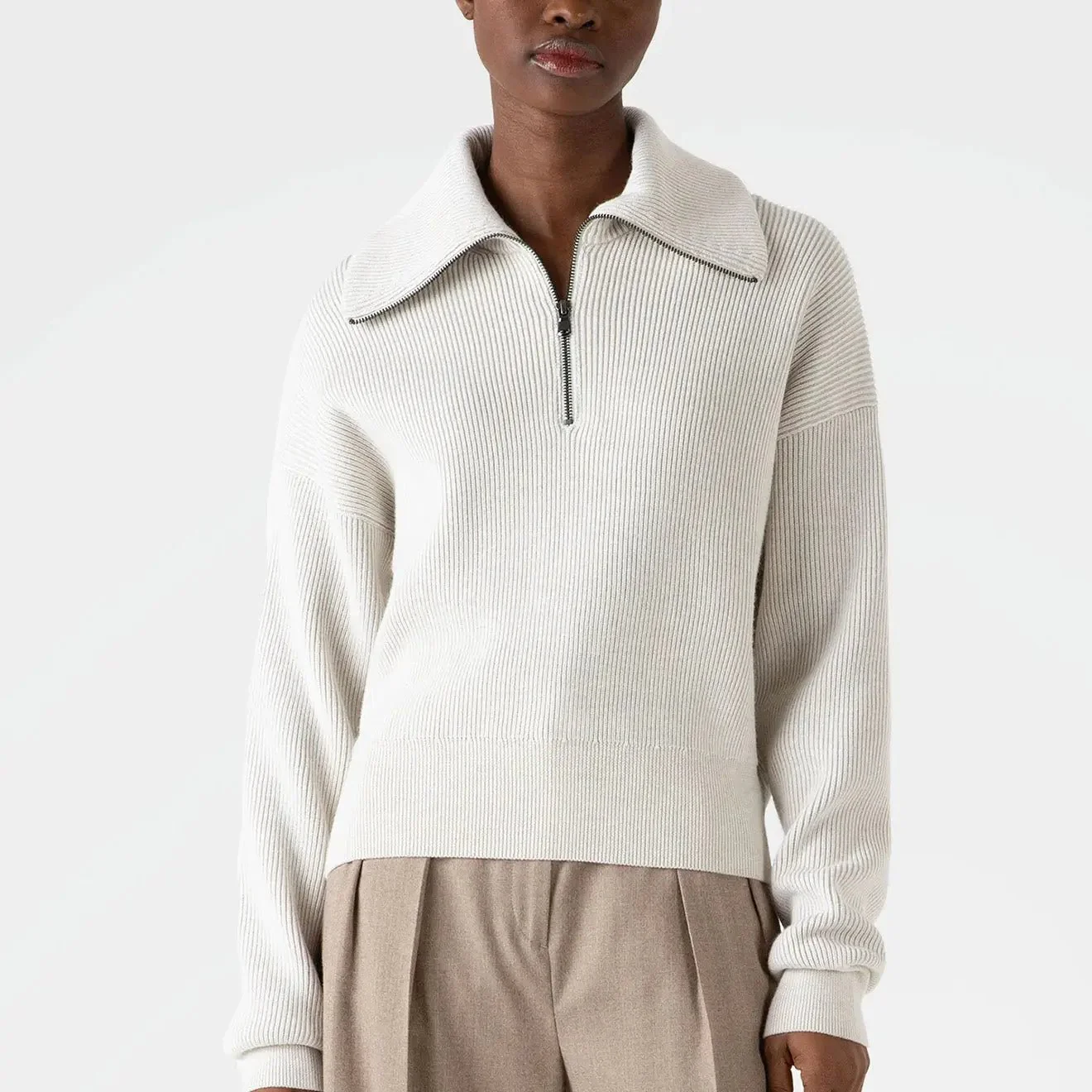Sunspel Womens Ribbed Half Zip Jumper Ecru - Image 2