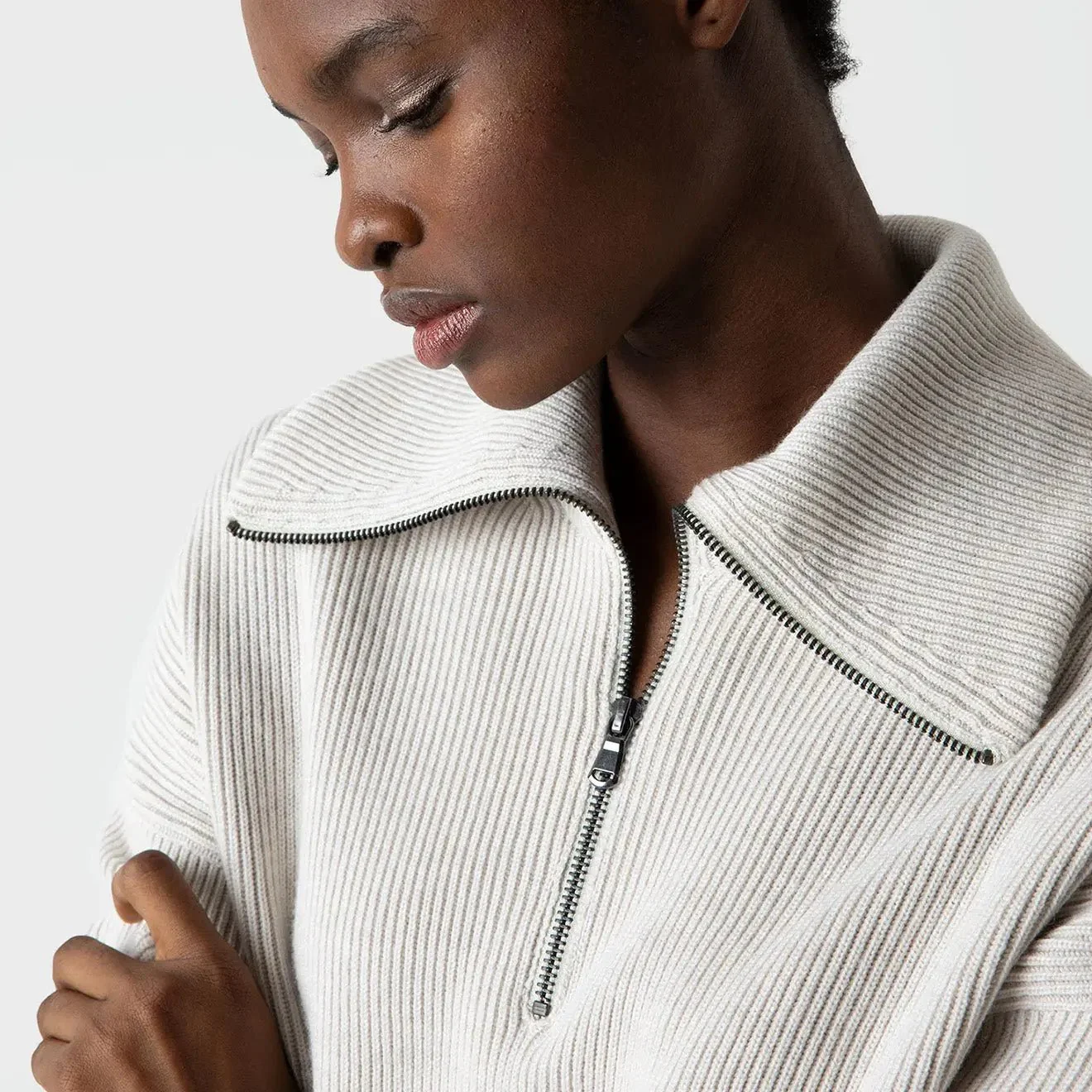 Sunspel Womens Ribbed Half Zip Jumper Ecru - Image 3