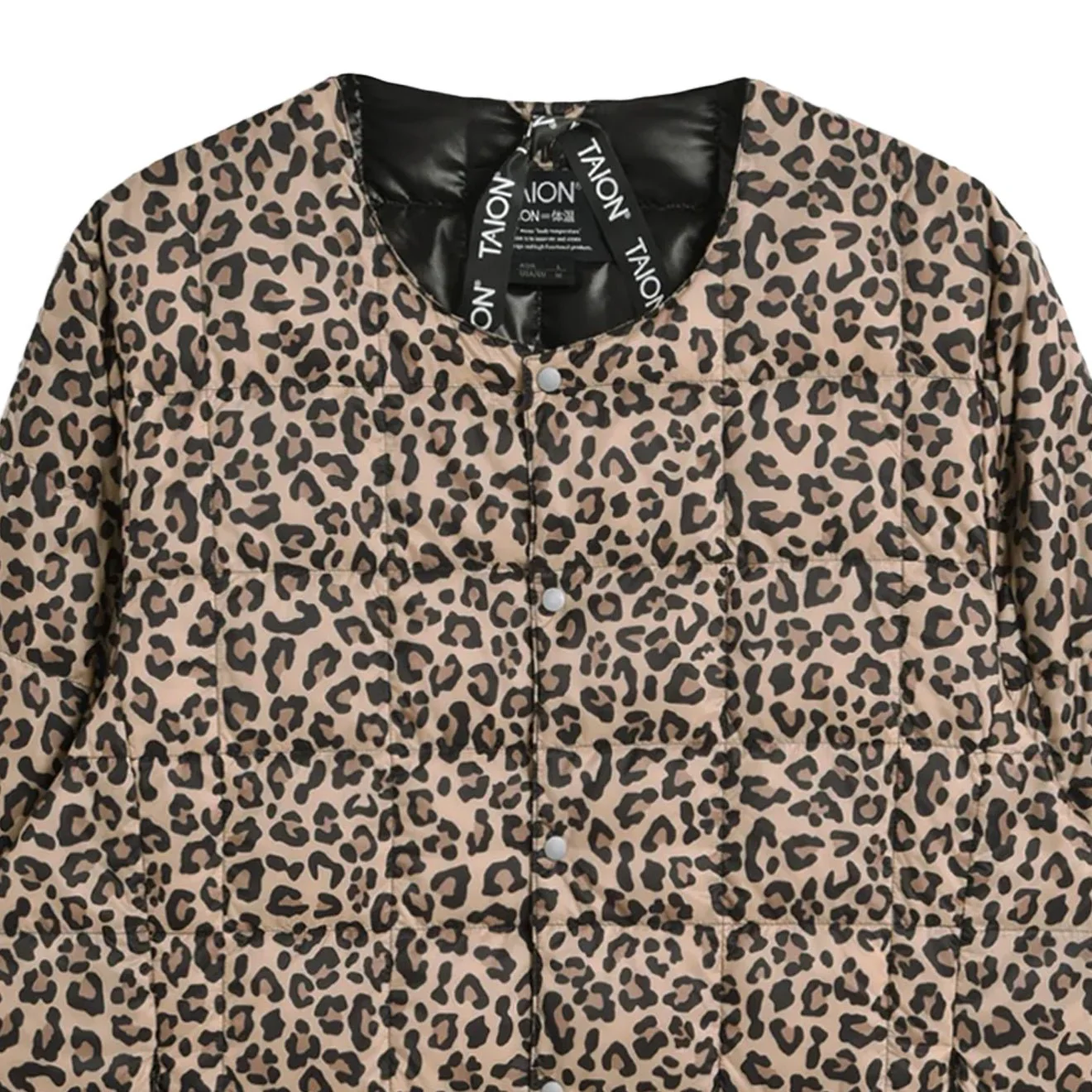 Taion Womens Crew Neck Button Down Jacket Khaki Leopard - Image 2